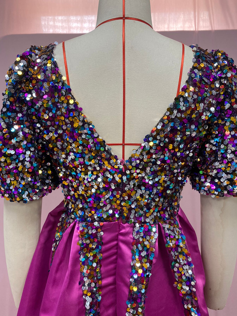 Vestido feminino com lantejoulas, grande fenda e decote em V, vestido de festa para noite_voghion.com