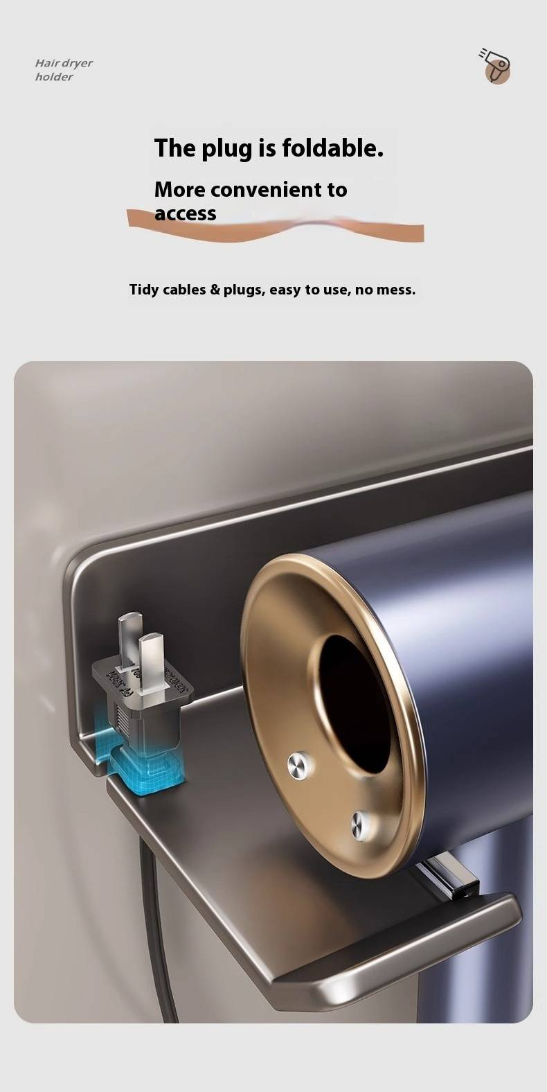 No Drill Hair Dryer Holder Wall Mount, Bathroom Organizer With Cord Wrap & Storage Shelf, Modern Aluminum Shower Caddy For Comb & Styling Tools_voghion.com