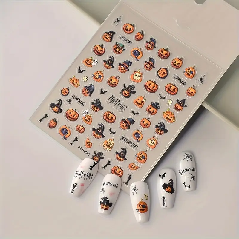 1er-Pack selbstklebende Halloween- und Nagelaufkleber – kein Kleber erforderlich, einfach anzubringen und zu entfernen, Hexen-, Fledermaus- und Totenkopf-Designs für den Herbst, Halloween-Accessoires_voghion.com