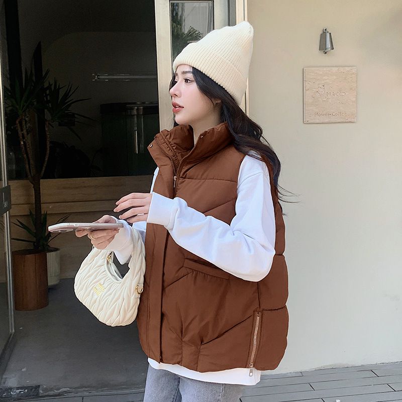 Doudoune sans manches matelassée pour femme - Veste d'hiver chaude à col montant, coloris noir/crème/kaki/citrouille | Tailles M à 2XL_voghion.com