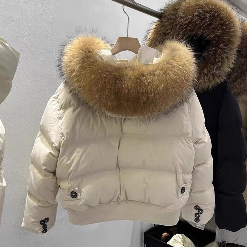 Women's Short Down Jacket Large Collar, White Duck Down, Loose Fit, Petite Winter Coat With Raccoon Fur Collar_voghion.com