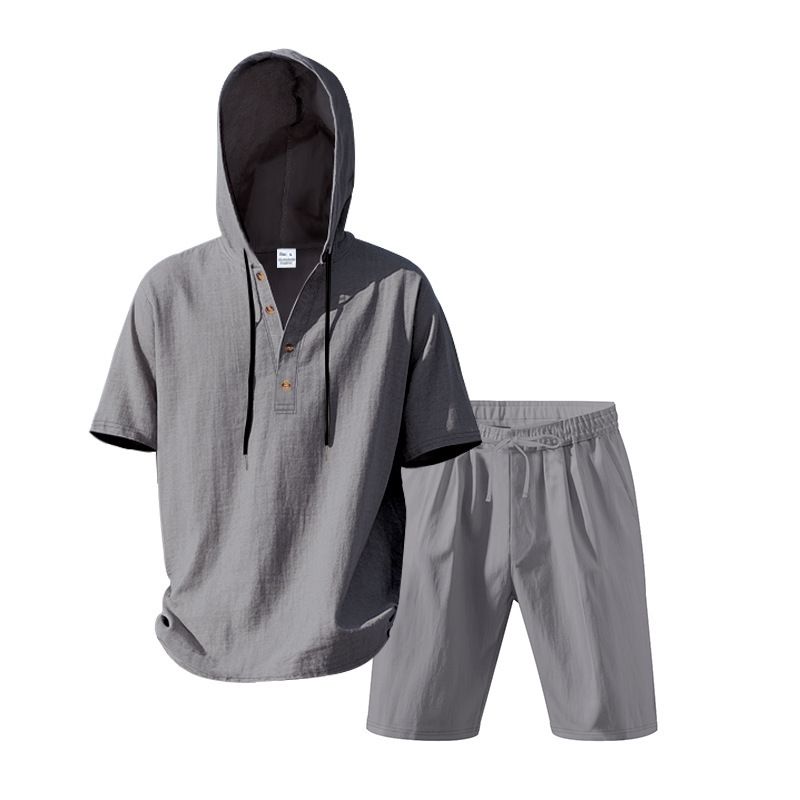 Completo da uomo in lino con camicia e pantaloncini - Completo casual estivo da spiaggia a maniche corte con vestibilità ampia_voghion.com