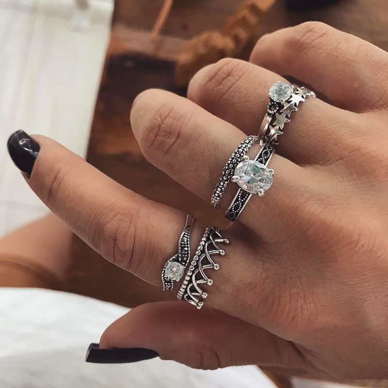 New alloy ancient silver clip zircon crown joint combination six piece set ring_voghion.com