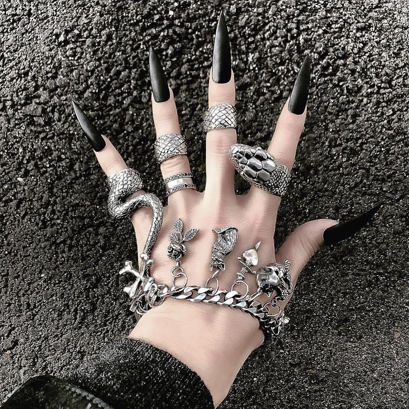 Heavy Metal Dark Gothic Street Hip-Hop Horror Python Split Punk 4-Piece Ring Set_voghion.com