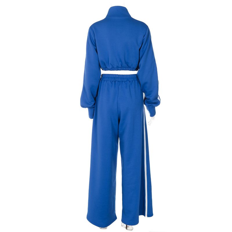 Completo tuta color-block alla moda: giacca con zip e pantaloni a gamba larga (blu/nero/giallo, taglie dalla S alla L)_voghion.com