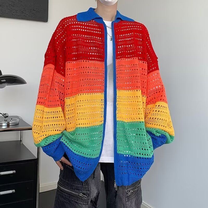 Herrenbekleidung Pullover Herren Frühling und Herbst Trendy Marke Dopamin Gestreifte Jacke Hohl Reißverschluss Strickjacke Lose Regenbogen Mantel_voghion.com