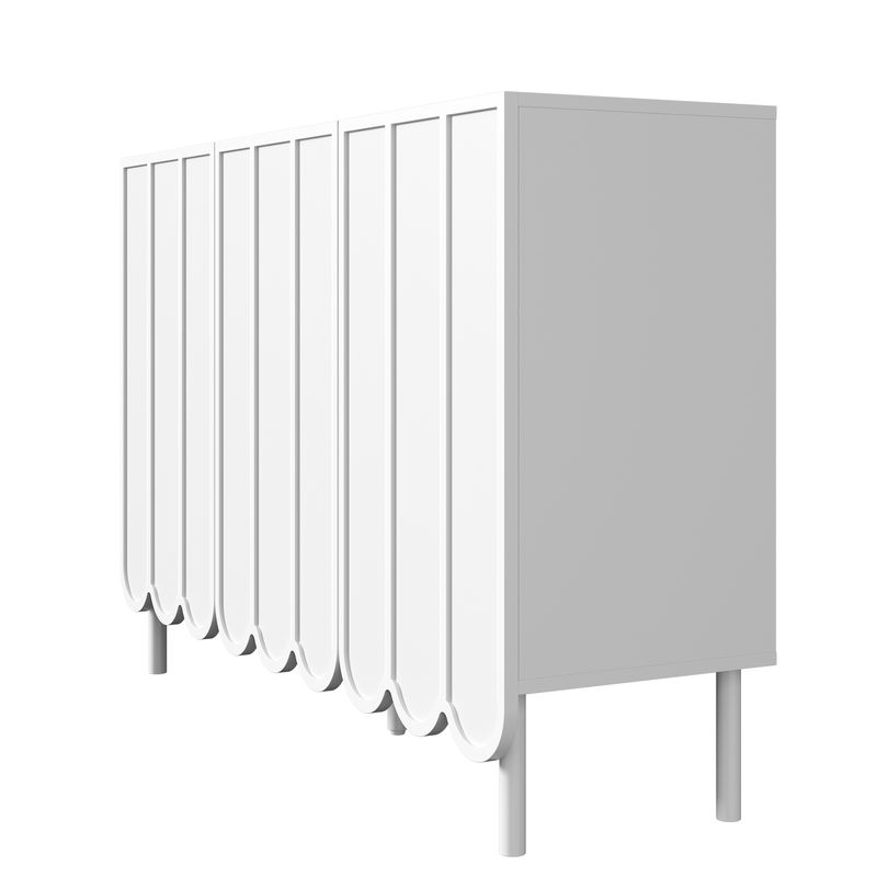 Buffet blanc moderne avec portes ondulées, 120 x 35 x 80 cm, design sans poignées, étagères réglables, meuble de rangement pour salon, couloir et salle à manger._voghion.com