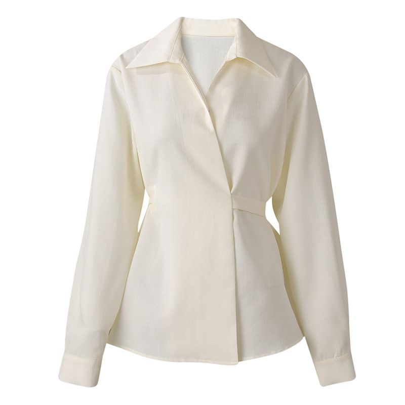 Französisch inspirierte Wickelbluse – Langarmshirt mit V-Ausschnitt und Gürtel (S-L, knitterfreie Poly-Baumwollmischung)_voghion.com
