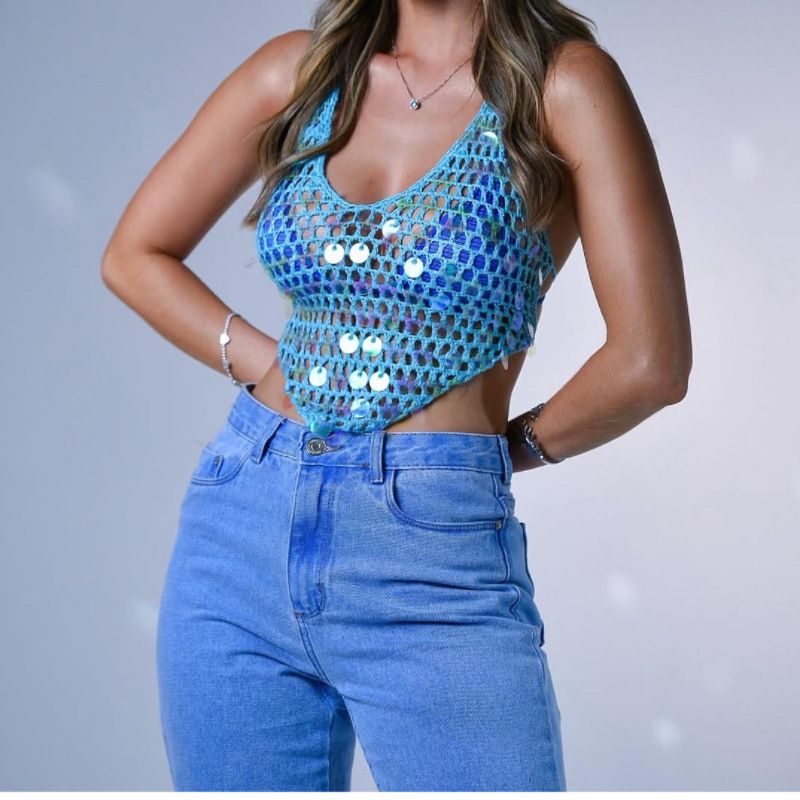 Sexy, ausgehöhltes, rückenfreies Bikinioberteil mit Perlenquasten – trendige Häkelbademode für Damen, ärmellose Strandmode mit V-Ausschnitt in mehreren Farben (S/M/L)_voghion.com