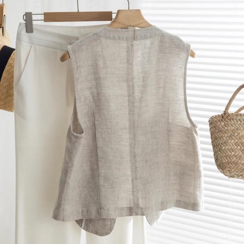 Veste blazer sans manches en lin à col en V, style britannique vintage artistique, pour femme, collection été 2024._voghion.com