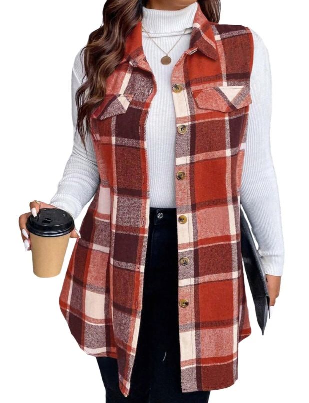 Verve Autumn Winter New Women's Fashion Plaid Sleeveless Turn-down Collar Side Pocket Shirt Vest_voghion.com
