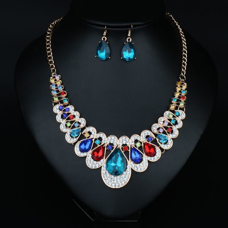 Collana corta da donna con decorazione in cristallo esagerato, collana colorata con catena a clavicola, orecchini, set di accessori per banchetti_voghion.com