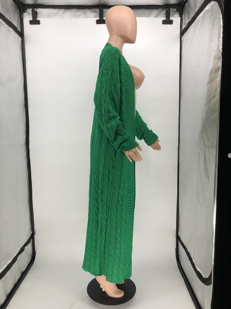 Damenbekleidung Locker gestrickte Strickjacke, gemütliche, übergroße Strickjacke mit Taschen, langer Zopfmuster-Pullovermantel, lockerer Boho-Chic, offene Vorderseite_voghion.com