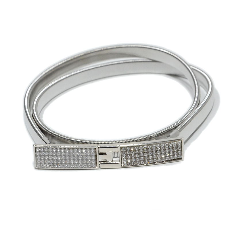 Women's Elastic Chain, Women's Casual And Fashionable Rhinestone Inlaid Buckle Metal Thin Waist Belt_voghion.com