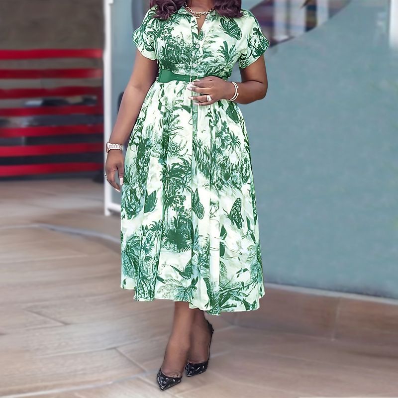 Women's Clothing Large Size Women's Printed Stand Collar Belt Dress_voghion.com