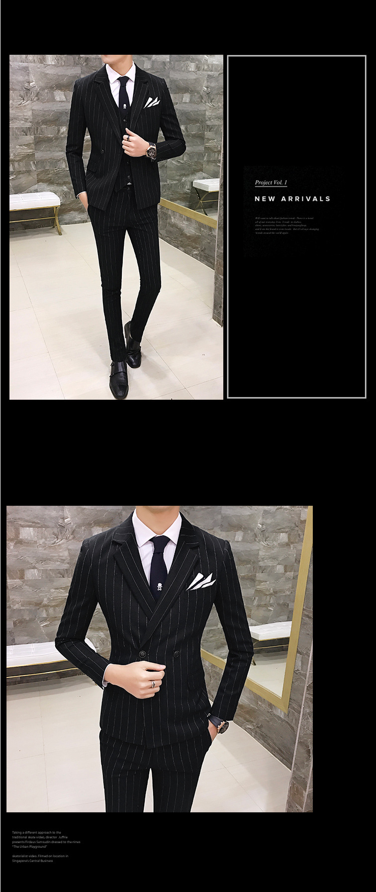 Terno masculino moda clássico listrado negócios casual fino vestido formal terno colete calças conjunto de três peças_voghion.com