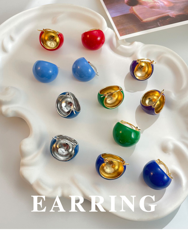 Korean ins round ball dripping oil colorful fashionable earrings small fresh temperament simple and versatile holiday style earrings_voghion.com