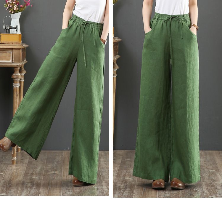 2023 Spring Summer Korean Cotton Loose Plus Size Wide Leg High Waist Floor-Length Straight Linen Women's Pants_voghion.com