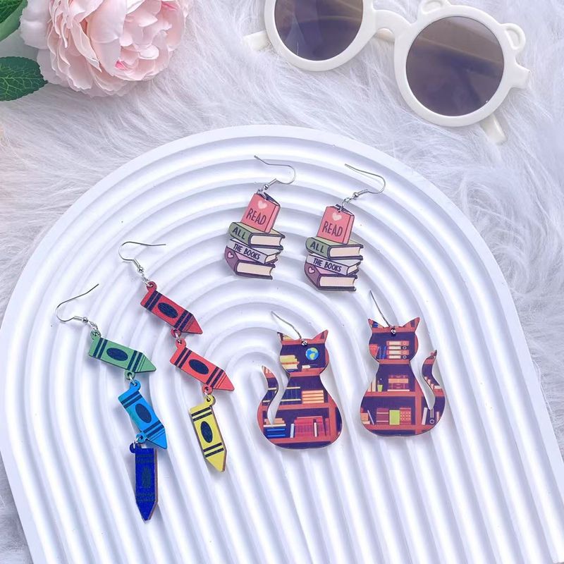 Pendentif crayon coloré personnalisé, cadeau pour enseignant, boucles d'oreilles à pompon en bois double face arc-en-ciel_voghion.com