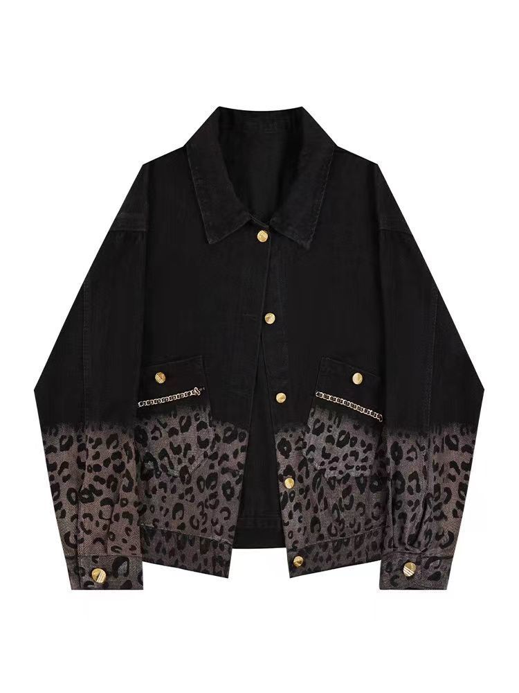 Giacca corta in denim con stampa leopardata sfumata da donna, design casual ampio, per primavera e autunno, top alla moda_voghion.com