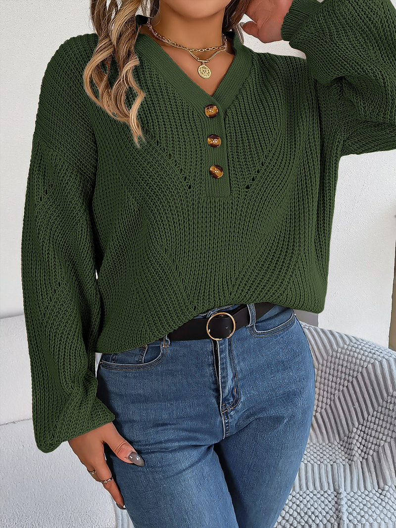 Maglione da donna con scollo a V e maniche a lanterna cava, maglione oversize, top casual in maglia tinta unita_voghion.com