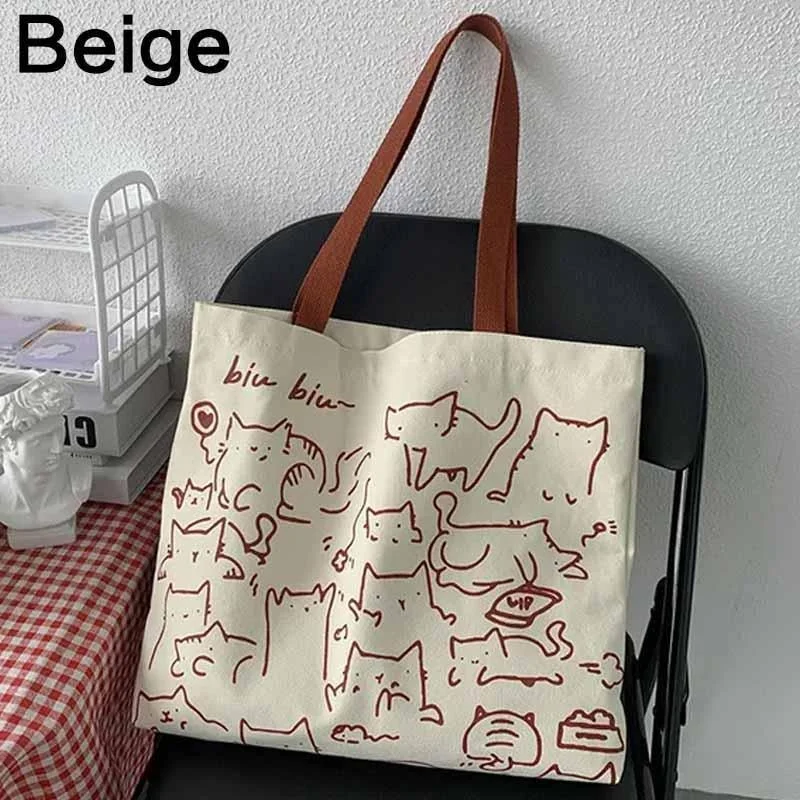 Modische Canvas-Taschen mit niedlichen Cartoon-Katzen – Handtasche für Damen und Herren, faltbare, wiederverwendbare Einkaufs- und Strandtasche mit Reißverschluss_voghion.com