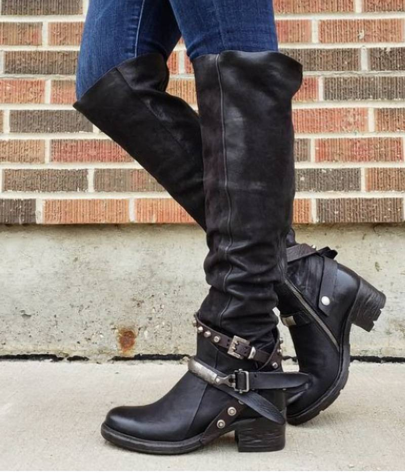 Damenschuhe neue Gürtelschnalle lange Stiefel Damenstiefel dicker Absatz mittlerer Absatz große Größe 40 43_voghion.com