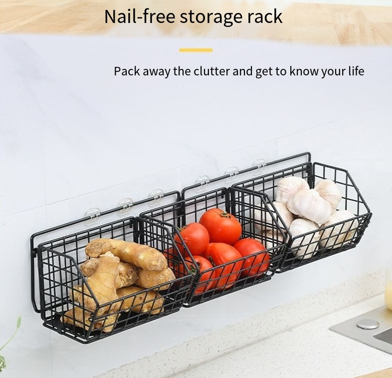 Wall-mounted Kitchen Rack Thickened Iron Storage Rack Non-perforated Folding Storage Basket for Vegetables and Fruits_voghion.com