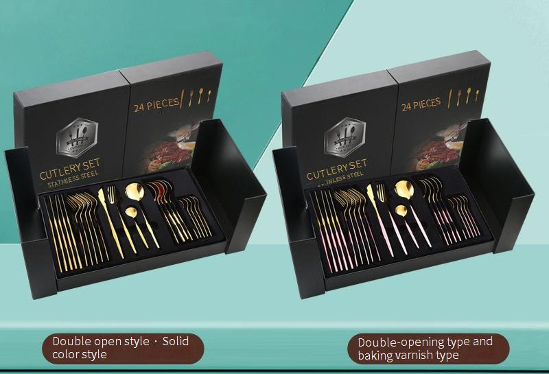 Juego de cubiertos de acero inoxidable de 24 piezas: cuchillos, tenedores y cucharas para carne, en una elegante caja de regalo._voghion.com