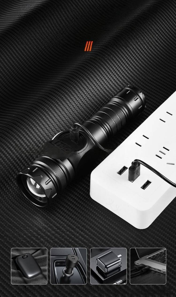 Wiederaufladbare LED-Taschenlampe – 1200 Lumen, superhell, zoombarer Fokus, Aufladen über USB, leichtes Kunststoffgehäuse für Camping, Wandern und Notfälle_voghion.com