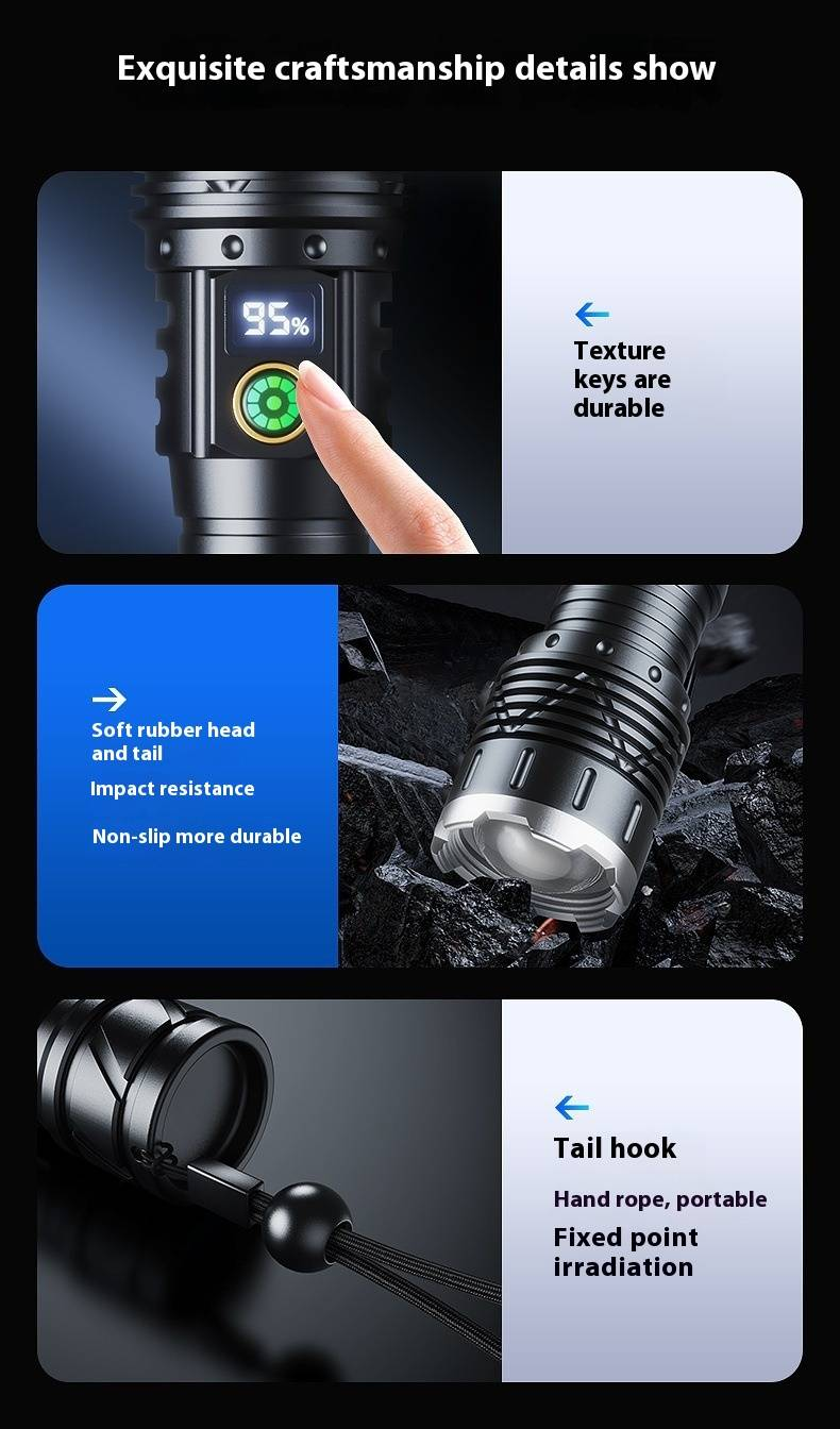 Dual-Light Zoomable Flashlight - 1200 Lumens LED & Laser Beam, Aluminum Alloy Body With Digital Display, Rechargeable Tactical Flashlight For Camping_voghion.com