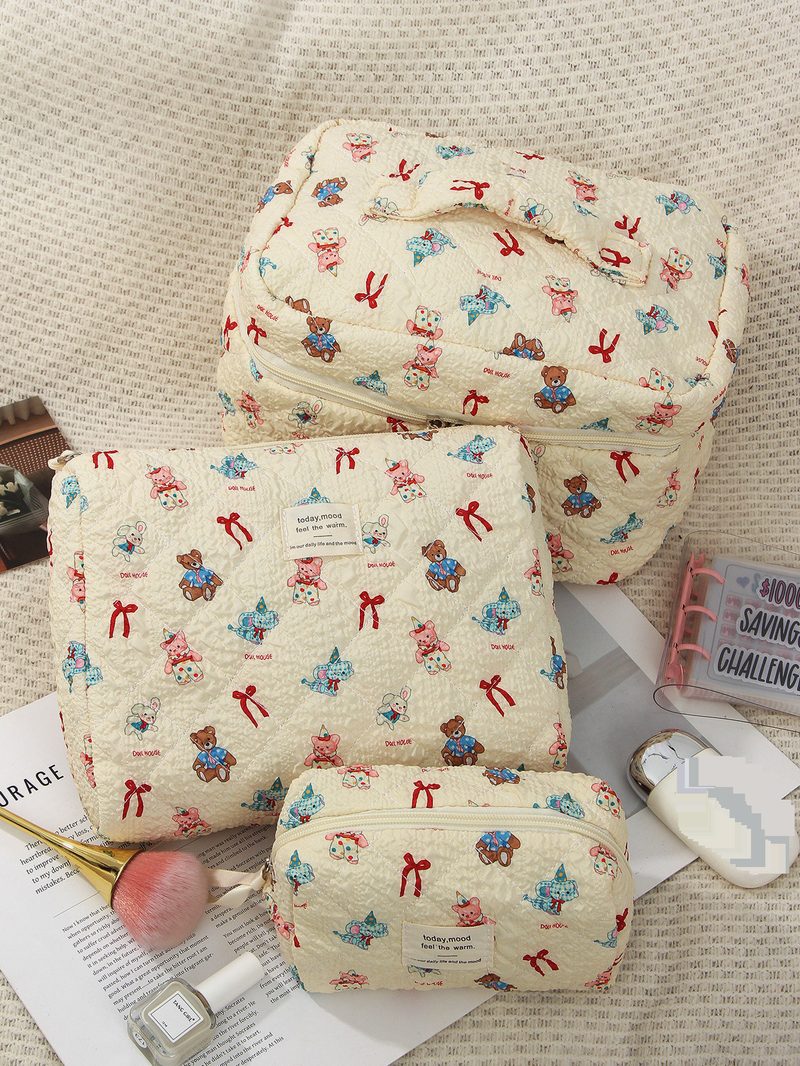 Ins Style Bear Bow Storage Bag Large Capacity Cotton Cosmetic Bag Portable Storage Bag_voghion.com