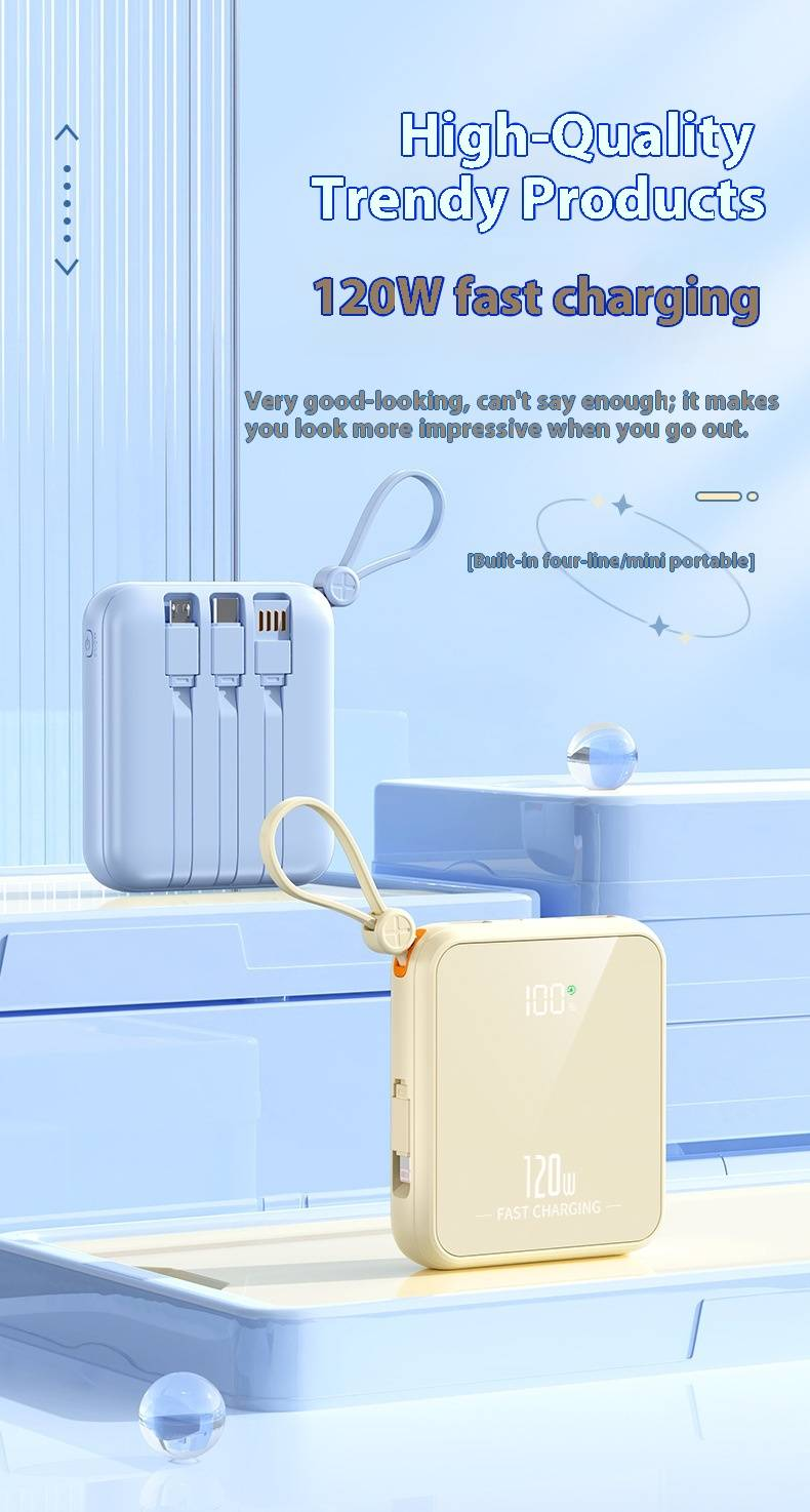 120W Super Fast Charging Power Bank, 10000mAh/20000mAh Mini Portable Charger With Built-in 4 Cables, PD20W Quick Charge, Compact & Stylish_voghion.com