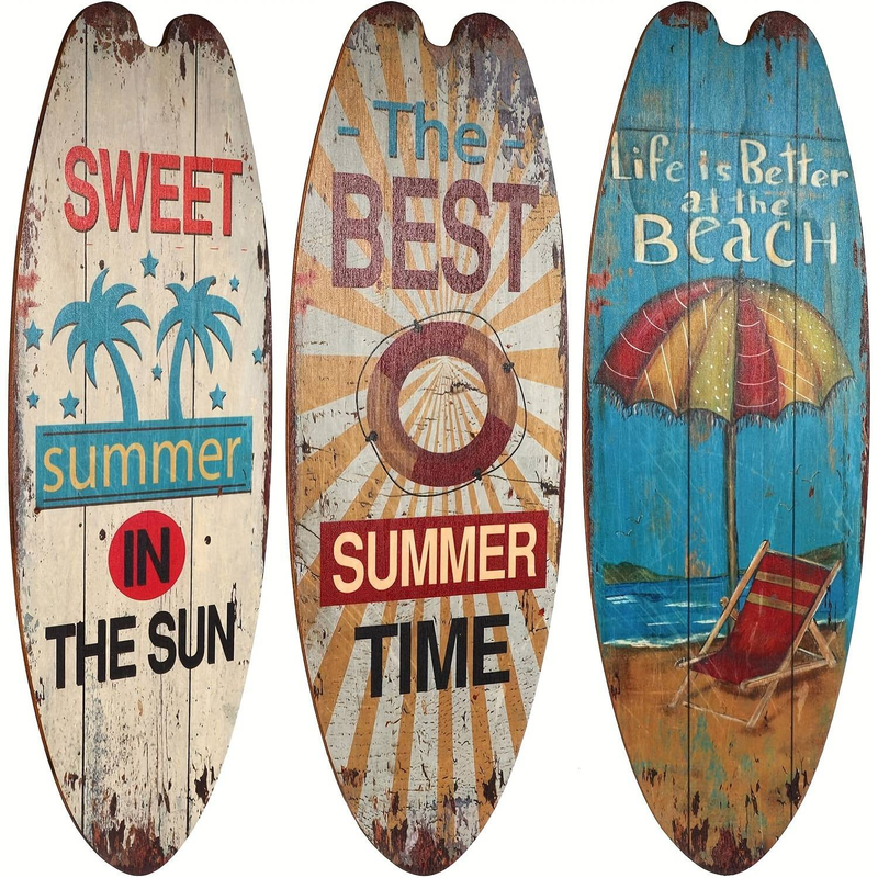 Vintage Surfboard Wall Decor 3 - Piece Set - Beach & Ocean Themed Wooden Signs For Coastal, Retro Home Decoration_voghion.com