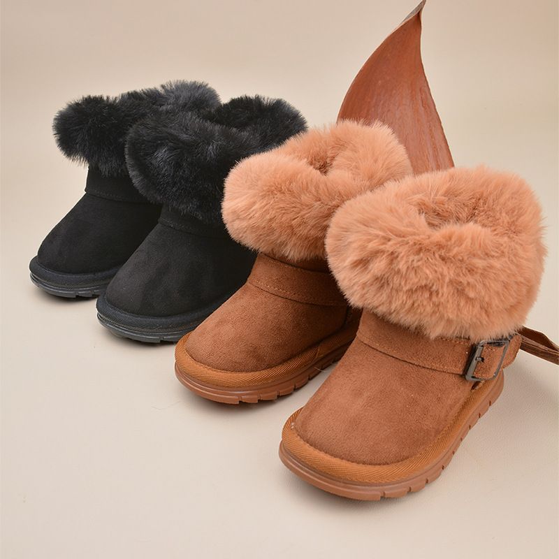 Bottes d'hiver à boucle pour enfants – Bottes de neige en daim doublées polaire avec brides réglables, semelle souple pour garçons et filles (noir, camel, pointures 22 à 27)_voghion.com