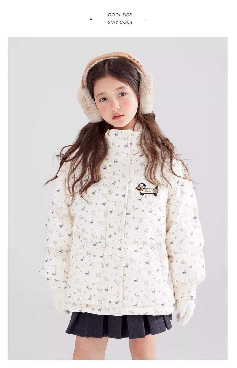 Mädchen-Winterpufferjacke – Abnehmbare Kapuze, Dackel-Print, Thermofutter (120–170 cm, Creme, Kurzlänge für Schule und Freizeit)_voghion.com