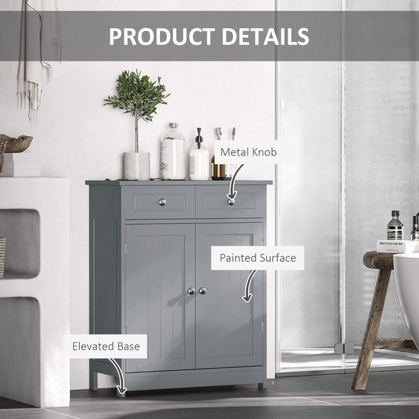 Kleankin Compact Freestanding Bathroom Linen Cabinet With 2 Drawers Metal Knob Elevated Base MDF Grey Storage Solution_voghion.com