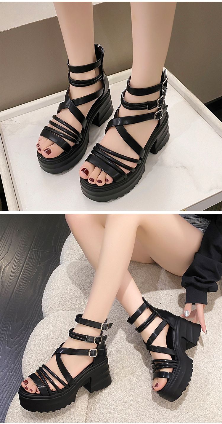 Sandale damă cu toc gros, stil gladiator roman, cu barete și toc înalt, platformă gotică, vârful deschis, pantofi cu cage_voghion.com