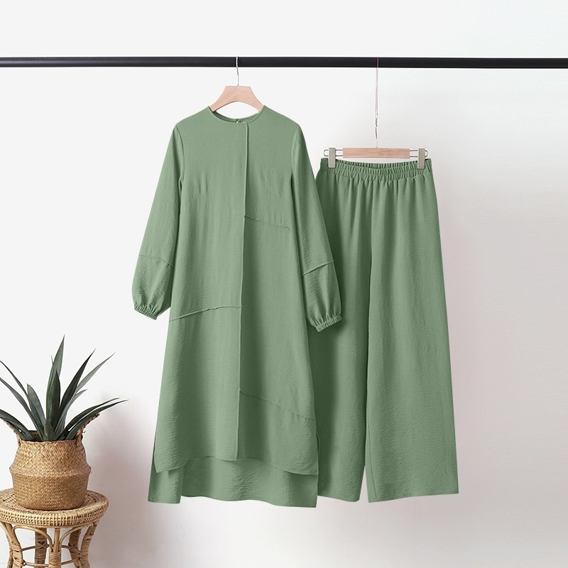 Conjunto feminino de camisa manga bolha solta e elegante com calças largas_voghion.com