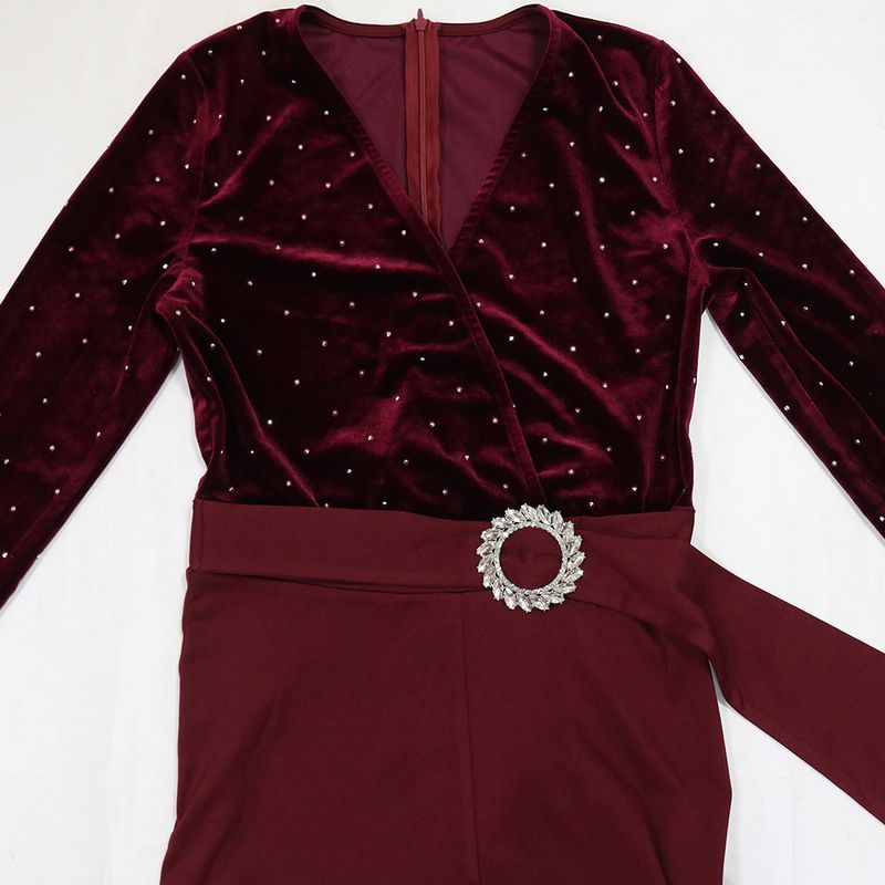 Women's Clothing CY901578 women's clothing sexy V neck long sleeved hot diamond jumpsuit slim wide leg pants_voghion.com