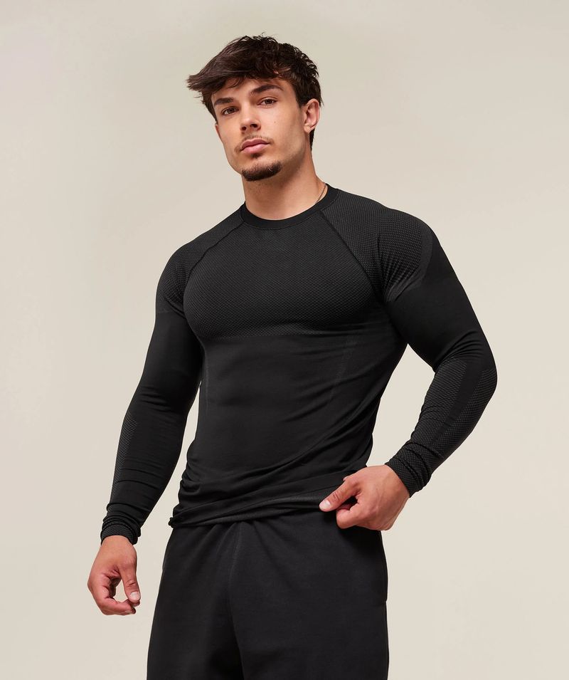Eng anliegende Herren-Sportbekleidung, Fitness-Laufanzug, elastischer, modischer Rundhalsausschnitt mit Print, lang_voghion.com