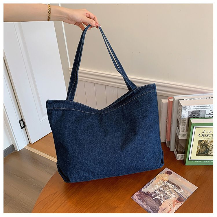 Denim Bag Women's Shoulder Bag Large Capacity Solid Color Washed Denim Bag Student Commuter Shoulder Bag Female Art Casual Handbag_voghion.com
