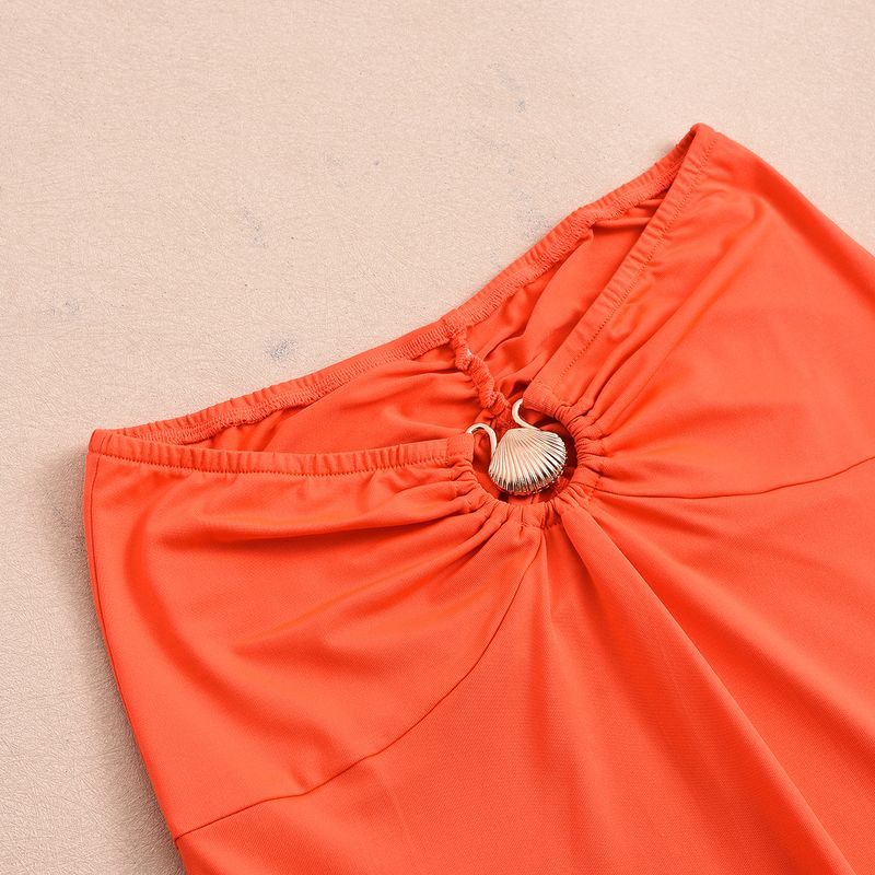 Conjunto de duas peças de top curto colado ao corpo com acabamento metálico vazado e saia longa sem costas - P/M/G/GG (preto, laranja) - tecido de malha elástica para clube_voghion.com