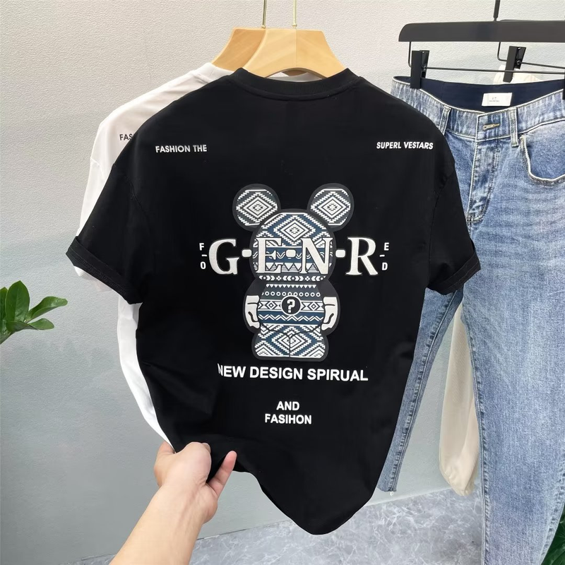 Lāča apdrukas īsroku T-krekls vīriešu vasaras brīvā stila pāru tērpam, tīras kokvilnas apaļa kakla T-krekls ar_voghion.com