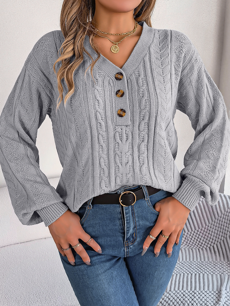 Blusas femininas outono 2023 na moda decote em v quarto botão manga longa sólida malha pulôver solto macio senhoras camisola topos_voghion.com