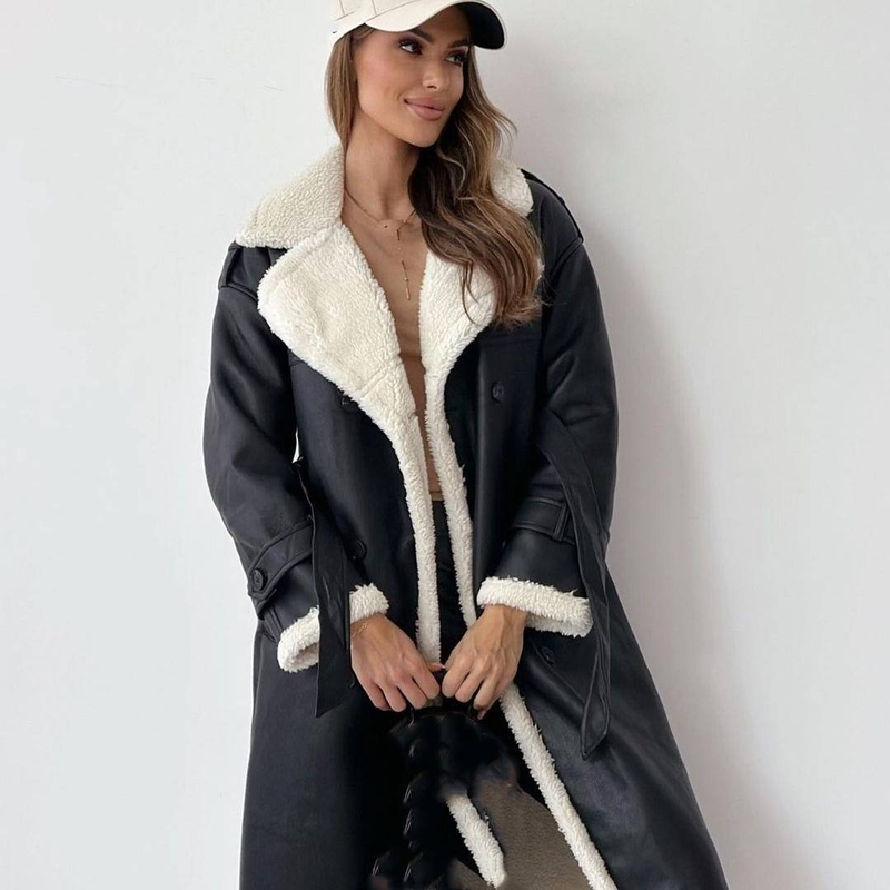 Women's Clothing new double wear stand collar lapel coat wear composite leather plush_voghion.com