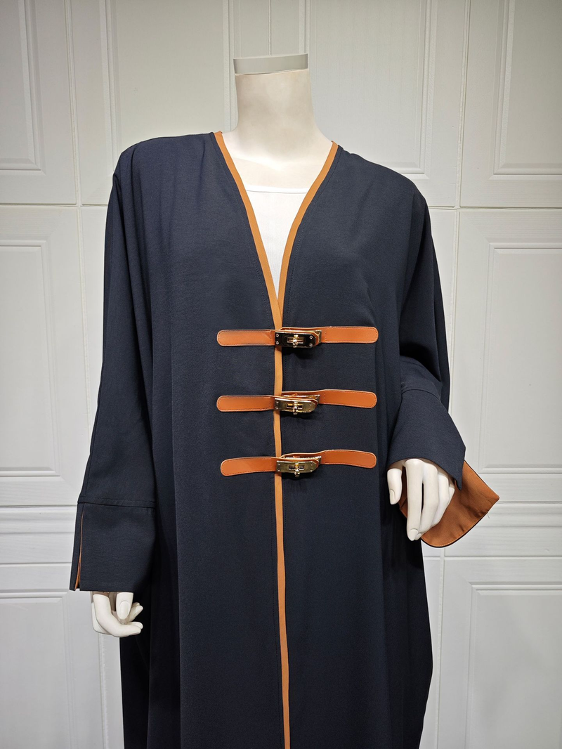 2025 New Dubai Moud Modest Solid Open Abayas Lieder Spannen Laang Ärm Kontrast Schwaarz Faarf Robe Ramadan Moslem Fraen Robe_voghion.com