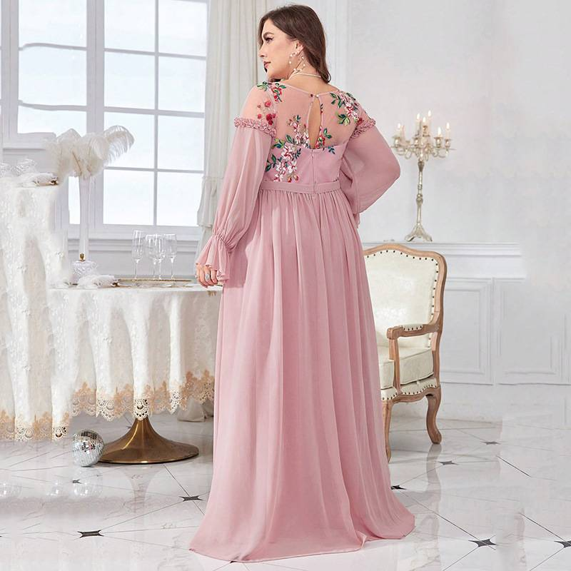 Elegant Pink Maxi Dress With U-Neck & Long Sleeves For Women – Plus Size Formal Evening Gown, Summer Flowy Dress For Special Occasions_voghion.com