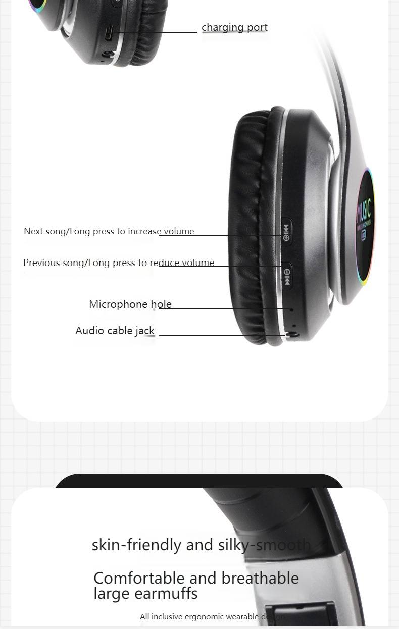 Draadloze Bluetooth-koptelefoon, opvouwbaar, stereobas-headset met led-licht en ingebouwde microfoon, 8 uur speeltijd, dubbele modus (BT/TF), voor sportmuziek_voghion.com