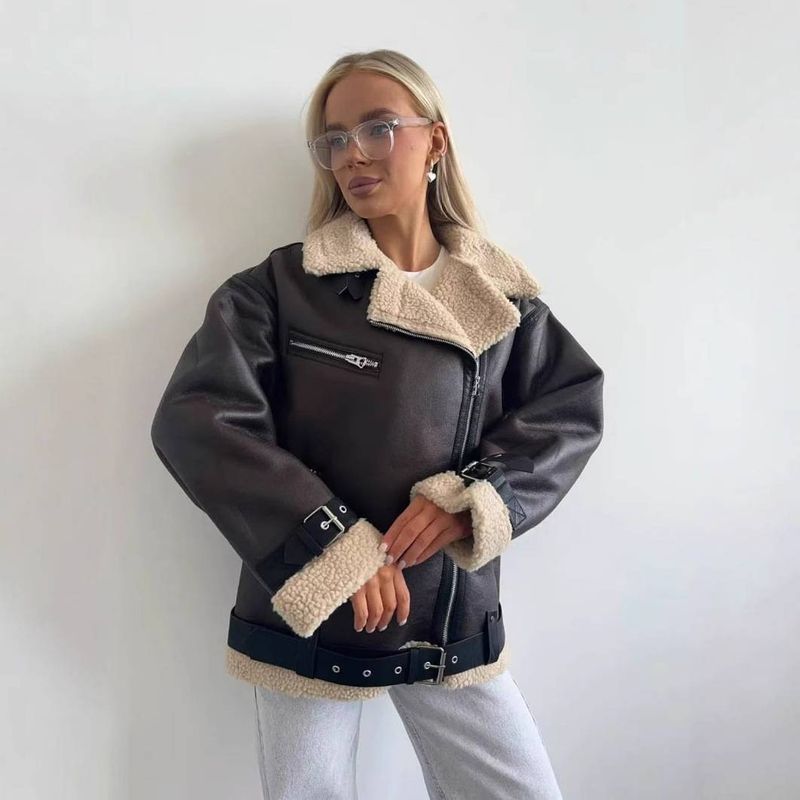 Herbst und Winter Neue Damen Wildleder Pelz All-in-One Motorradjacke Jacke Damen Top M258_voghion.com